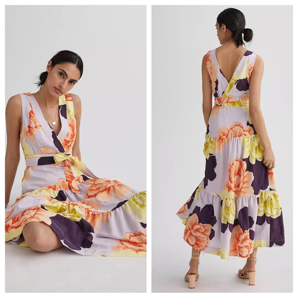 Anthropologie Maeve Floral Wrap Maxi Dress 0P Giant Flowers Yellow Orange